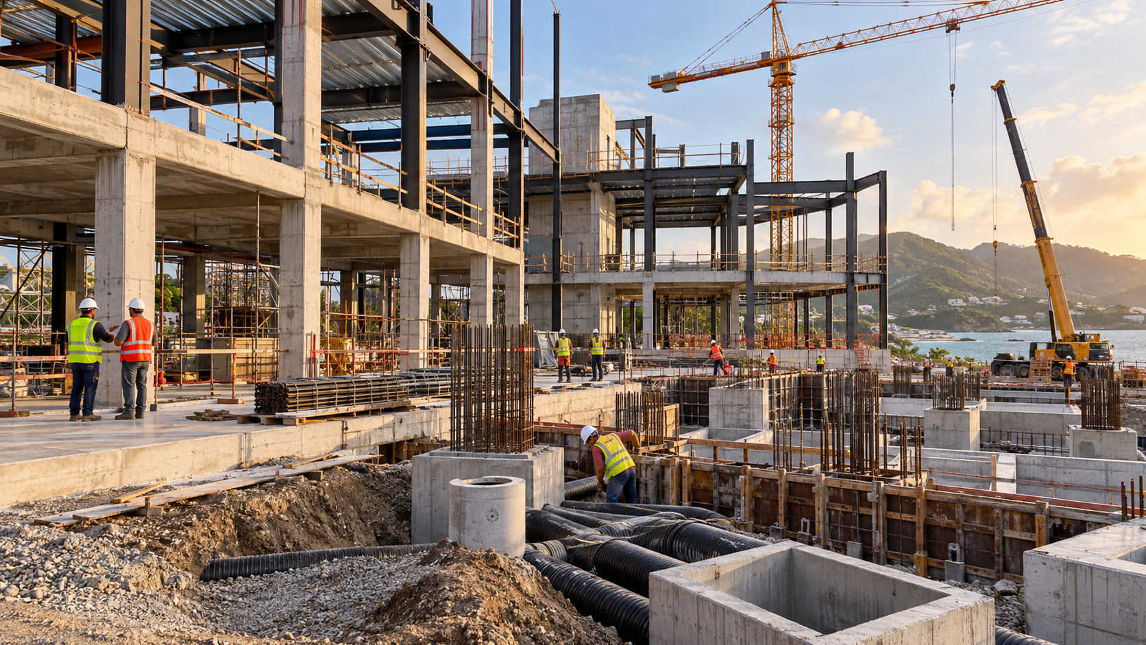 Concrete and structural steel development under construction